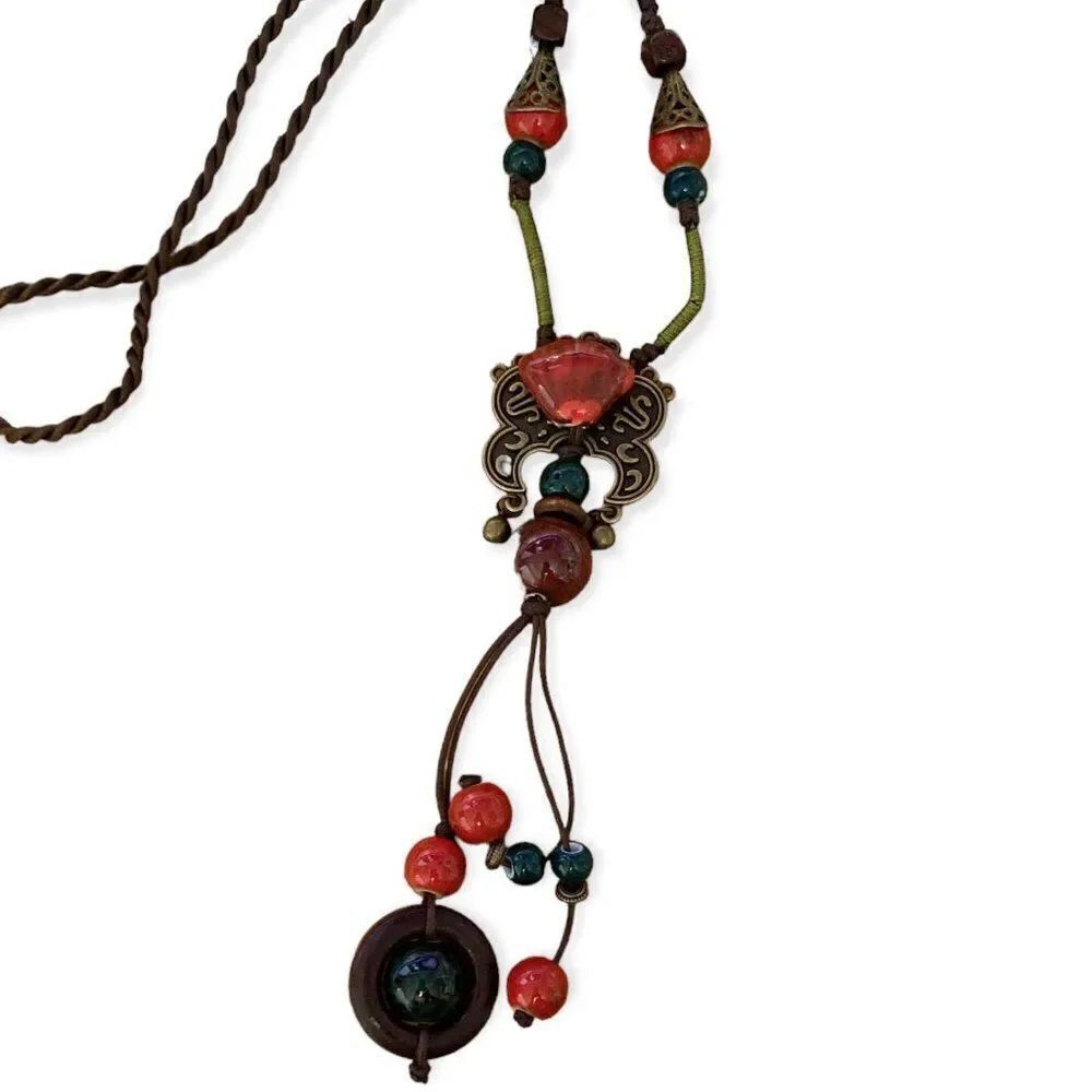 NWT Handcrafted Jade Ceramic Beaded Tassel Necklace Ornate Boho Statement Lariat
